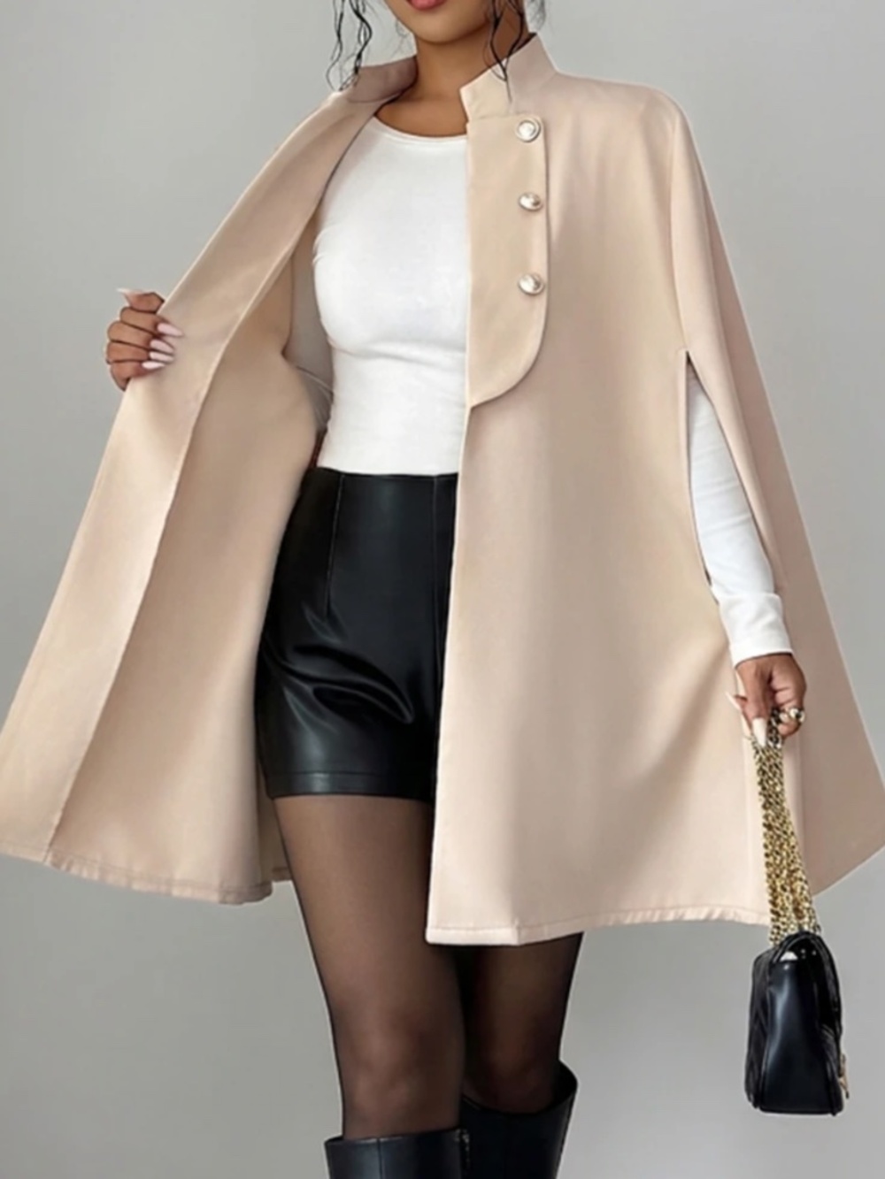 Classic Solid Open Front Button Detail Cape Style Blazer Coar Jacket - Picture 3 of 7